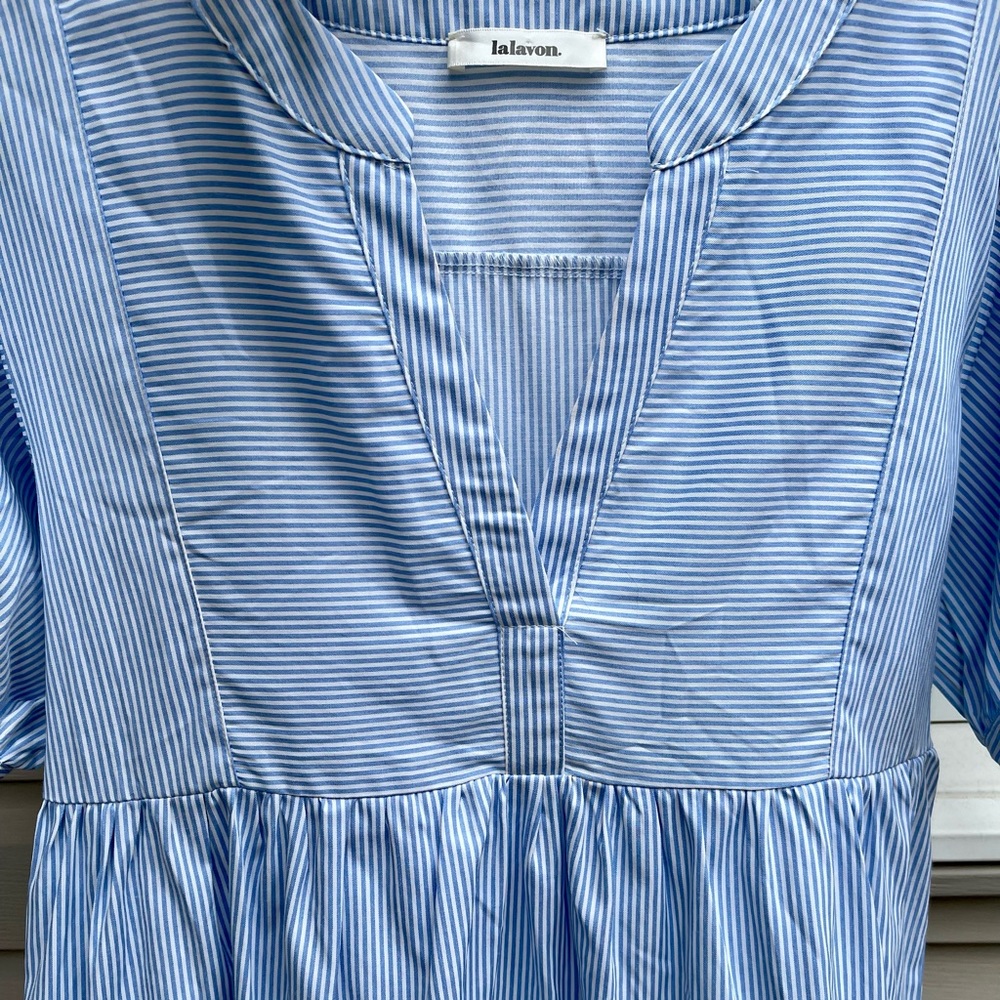 Lalavon White Dress with Blue Stripes, Puffy Sleeves, Size M